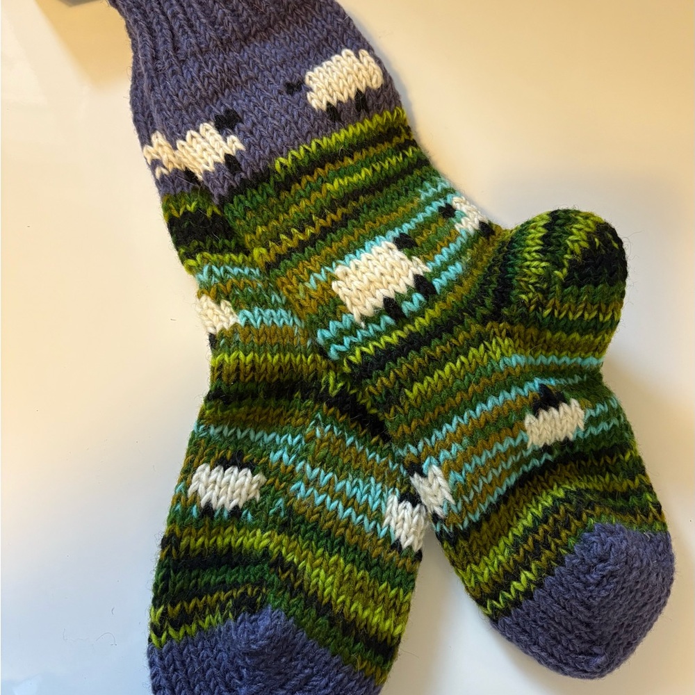 Karma Sheep Pattern Knit Socks - Green and Purple